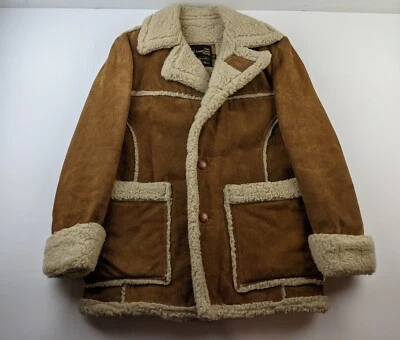 VTG Sears The Leather Shop Suede Leather Coat Rancher Men 40 Brown Sherpa Lined - Image 1 of 4