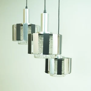 3teilige Pendelleuchte 1960er Jahre Edelstahl Glas  vom Elektriker geprüft - Bild 1 von 7