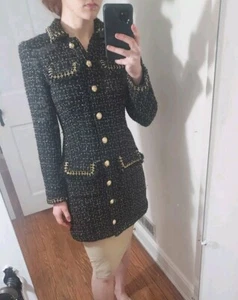 Cinq a Sept Sasha Black Gold Tweed Blazer Mini Dress Size US 2 WOMENS New - Picture 1 of 13