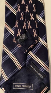 Daniel Cremieux Silk Tie, Navy Blue and Pink with Pink Cancer Ribbons on Back - Picture 1 of 8