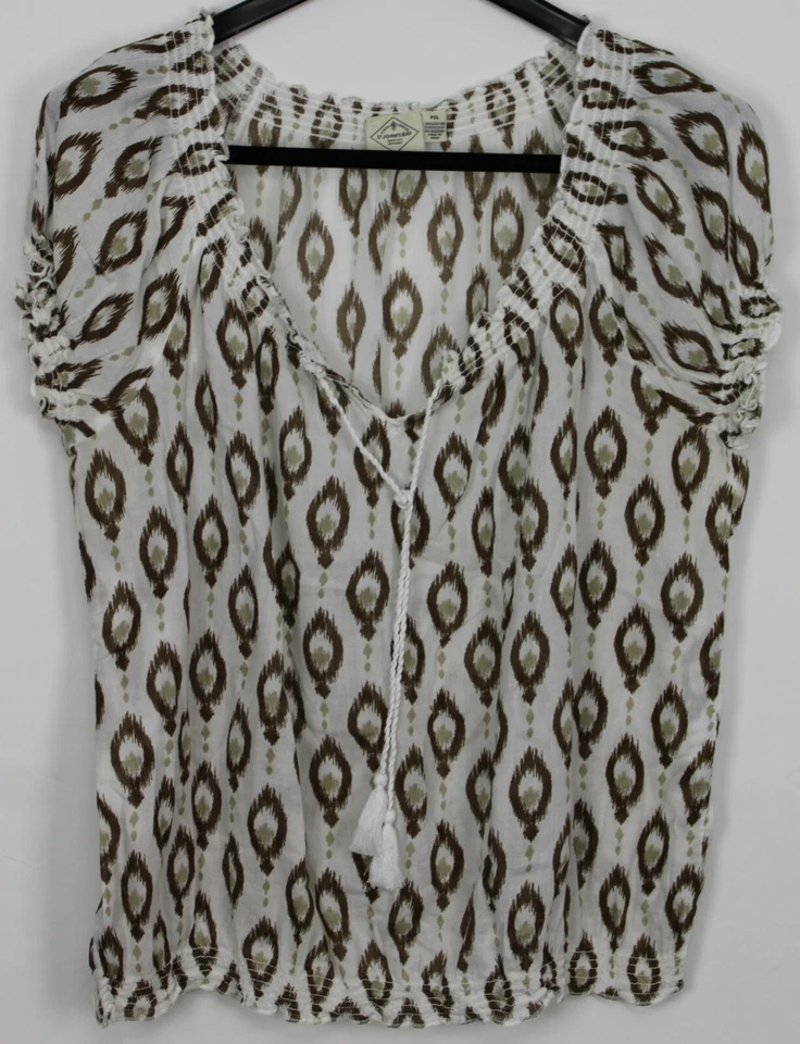 Top para mujer ST. JOHN'S BAY PXL manga corta estilo campesino blanco con estampado marrón Foto 1 de 4
