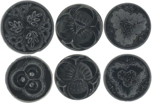 C1890s Antique Victorian Black Glass Floral Scroll Clover Leaf Button LOT 6 - Picture 1 of 13