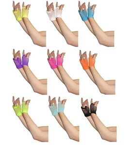 Girls Short Fishnet Fingerless Gloves 1980s Neon Disco Colours Fancy Dress Party - Picture 1 of 25
