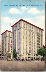 Hotel Hamilton Washington DC 1942 Coches Antiguos Bandera de Estados Unidos Vintage Lino Postal B36 - Imagen 1 de 2