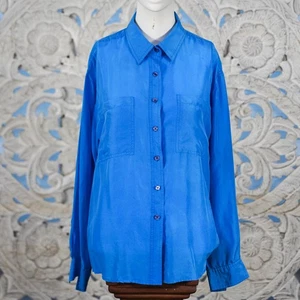 Vintage Factory Limited M 100% Silk Shirt Blue Long Sleeve Button Up Top - Picture 1 of 5