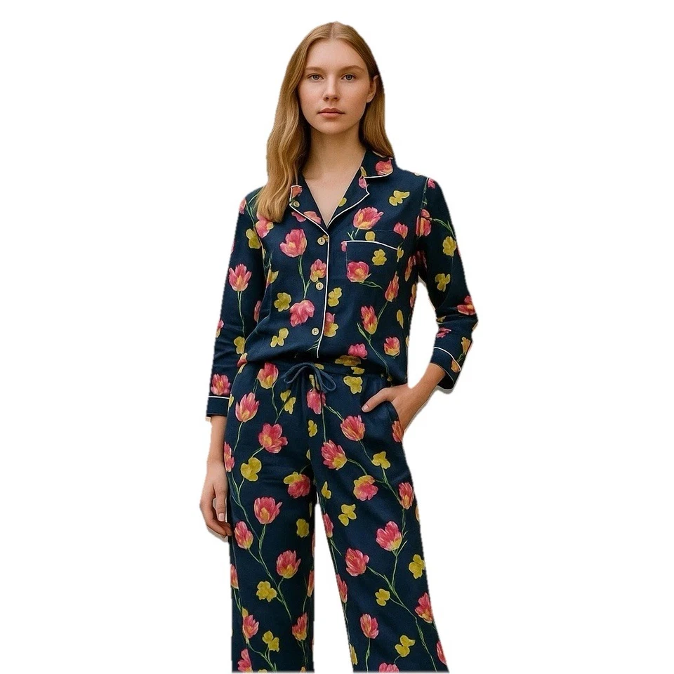 Conjunto de Pijama American Living Top Pantalones Capri Botones Azul Floral Cintura Elástica Lg Foto 1 de 4