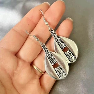 Boho Ethnic Tribal style Antiqued Silvertone drop earrings - Picture 1 of 4