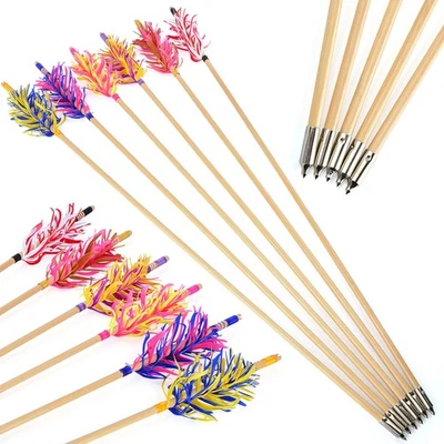 6X 32" Wooden Arrow Flu-Flu Turkey Feather Archery Longbow Traditional Bow Hunt - Image 1 of 4