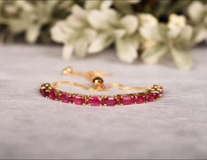 Glass Field Ruby Oval Bolo Bracelet Yellow Gold Over 925 Sterling Silver 7 Inch - Picture 1 of 6