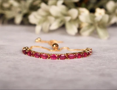Glass Field Ruby Oval Bolo Bracelet Yellow Gold Over 925 Sterling Silver 7 Inch - Image 1 of 4