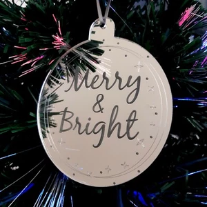 Bauble "Merry & Bright" Engraved Christmas Tree Decoration Mirrored - Picture 1 of 4