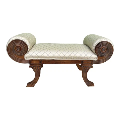 1990s Vintage White 1 Seat American Carved Wood Regency Scroll Bed Bench Cover