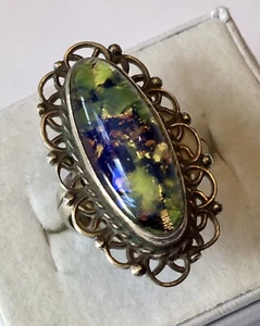 VINTAGE MEXICAN STERLING SILVER FAUX GREEN OPAL WOMEN'S RING SIZE 7.25 - Picture 1 of 3