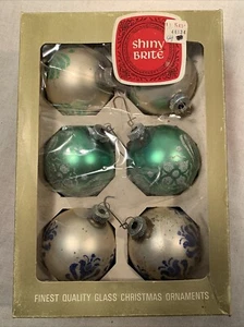Vintage Shiny Brite Blue & Green & Silver Stenciled Glass Ornaments - Picture 1 of 14