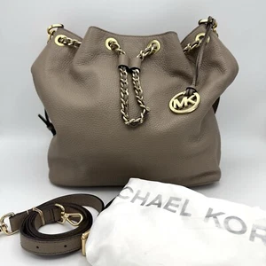 Michael Kors Dark Beige Pebbled Leather Drawstring Handbag Purse Chain Strap - Picture 1 of 14