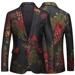 Men's Floral Slim Suit Blazer Jacket Coat Pockets Casual Business Party Cocktail - Picture 1 of 9