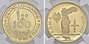 RAS AL-KHAIMAH , GOLD 100 RIYALS 1970 - NGC PF 68 CAMEO - SINGLE TOP POP , RARE7 - Picture 1 of 4