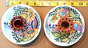 2 Vintage Made In Portugal Multi Color Ceramic Candle Holders With Finger Loop - Picture 1 of 4