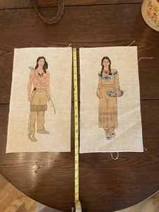 American Indian Couple with Beading Finished Cross Stitch Basket Bow Needlepoint - Picture 1 of 12