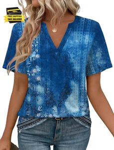 Womens Tops Summer Short Sleeve V Neck Blouses Business Casual Loose Fit Tshirts - Picture 1 of 5