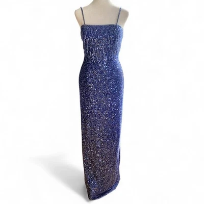 Винтажный Scala бисером бахрома макси платье синий блестки ар-деко старый Голливуд - Изображение 1 из 4