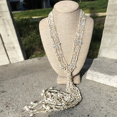 CHICO'S Gold Tone Beige & Ivory Seed Bead Statement Bib Necklace C424 - Image 1 of 4