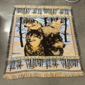 Vintage Wolves Wolf Pack Tapestry Blanket Throw Wildlife Forest Cabin 45” X 62” - Picture 1 of 14