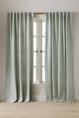 Anthropologie Luxe Linen Blend Woven Curtain Moss Boho Chic Soft Interior Design - Image 1 of 4