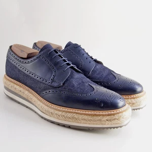 Alpargata Prada Brogues 43 EE. UU. 10 Hombres 2EG015 Cuero Azul Denim Derby Suela Lug - Imagen 1 de 10