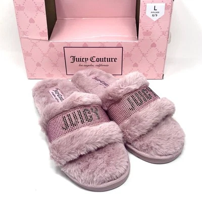 JUICY COUTURE Faux Fur Slides Sandals Slippers Women's SIZE LARGE 8-9 Pink NEW - Image 1 of 4