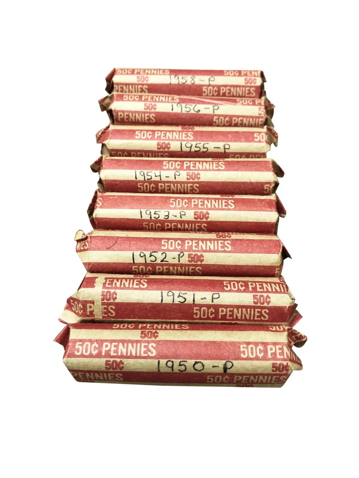 1950p - 1958p Lincoln Wheat Ear Cent 9 Complete Rolls In Entire Lot All But 1957 - Image 1 of 1