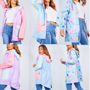 Contrast TieDye/Drawcord Watercolor FISHTAIL Raincoat Jacket Summer Hooded Coat - Picture 1 of 11