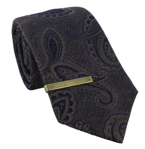 Brown & Navy Tonal Paisley Silk Tie & Antique Tie Clip Set - Picture 1 of 3
