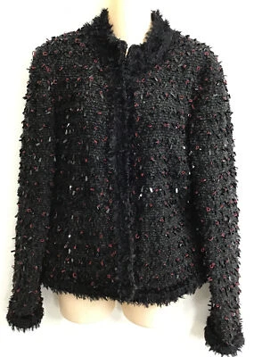 Chaqueta corta negra Oscar De La Renta lentejuelas Boucle deshilachado ribete gancho talla 10 Foto 1 de 4