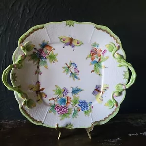 Vtg Herend Queen Victoria Square Cake Plate w/ Handles Floral & Butterfly Design - Picture 1 of 8