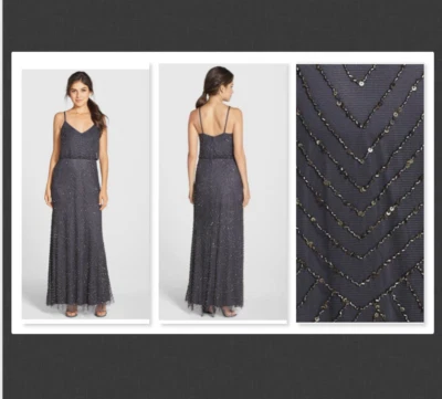NWT $260 Adrianna Papell  Art Deco Beaded Blouson Gown in Gunmetal/Gold Size 12 - Image 1 of 4