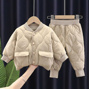 2Pcs Unisex Baby Thicken Warm Quilted Jacket Button Pocket +Thick Pants Suit