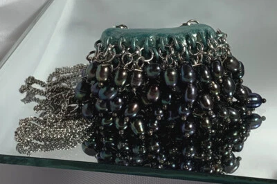 Handcrafted Artisan Beaded Purse Pendant Silver Chain Necklace - Image 1 of 4