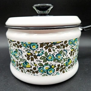 Vintage 70er Jahre Blumen Emaille Kochgeschirr Kochtopf blau grün 1,5 Quart mit Deckel - Bild 1 von 18