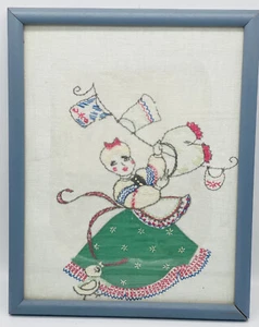 Vintage 1940's Cross Stitch on Linen Woman Girl Hanging Laundry Needle Work - Picture 1 of 9