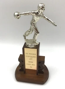 Mid Century 1960s Mens Bowling Trophy Decor Solid Wood & Gold Metal Figure - Picture 1 of 12