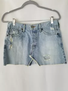 Levis junior 5 blue jean mini skirt distressed asymmetrical light wash raw hem - Picture 1 of 10