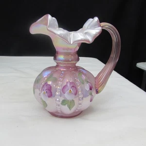 Fenton Dusty Rose Overlay Floral Hand Painted Beaded Melon Pitcher 1995 W1143 - Picture 1 of 8