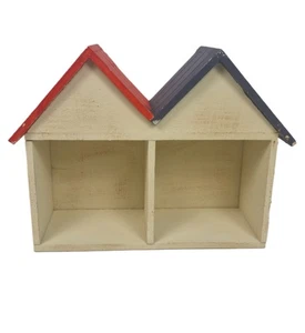 Handmade Wooden Twin Beach Hut Shelf 28cm Rustic Coastal Wall Hanging Shelf Unit - Picture 1 of 3