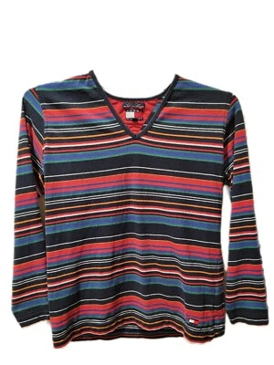 Camiseta vintage Tommy Hilfiger para mujer mediana cuello en V logotipo a rayas multicolor Foto 1 de 3