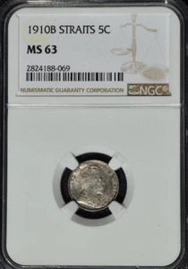 1910 B Straits Settlements 5 Cents, NGC MS 63, Malaysia - Picture 1 of 3