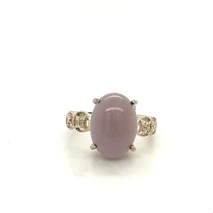 Vtg Sign Sterling 925 Oval Lavender Jade and CZ Solitaire with Accent Ring 8 1/2 - Picture 1 of 8