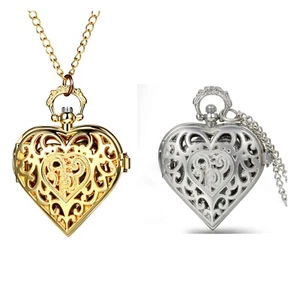 Damen Retro herzförmige Quarz Taschenuhr Anhänger Halskette Pullover Kette Geschenk - Bild 1 von 10