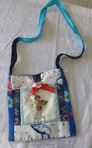 Handgemachte gesteppte mittlere Tasche blau weißen Baumwollstoff Handtasche... - Picture 1 of 12