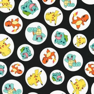 Fabric Pokemon Characters in Circles KAUFMAN Black 1/4 Yard 7212 - Picture 1 of 6